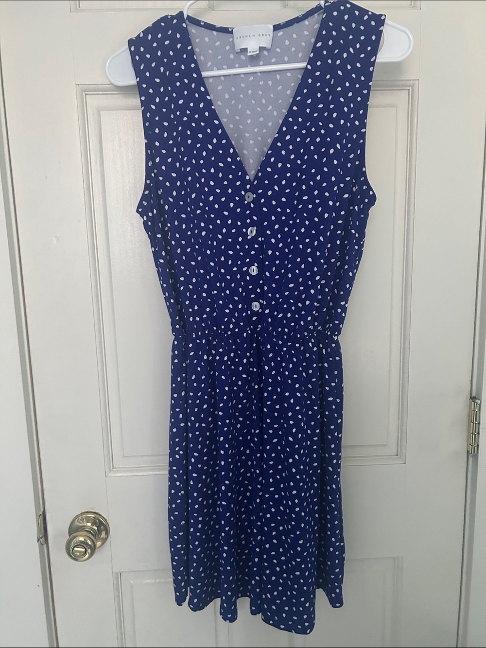 French Grey Royal Blue Polka Dot Sleeveless Dress